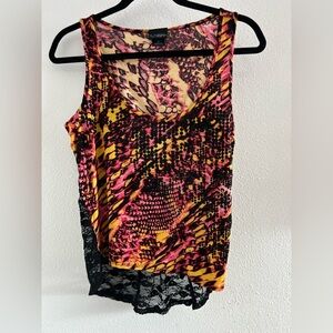 Daytrip Pink Yellow Black Printed Lace-Trim Tank Size Medium
